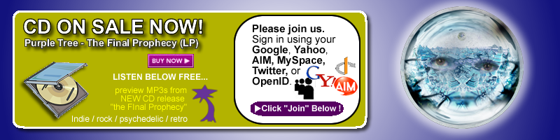 Welcome! PurpleTreeMusic.com BETA Version 1. Live Feeds, Comments, Friend us. Please join us. Sign in using your Google, Yahoo, AIM, MySpace, Twitter, or OpenID.